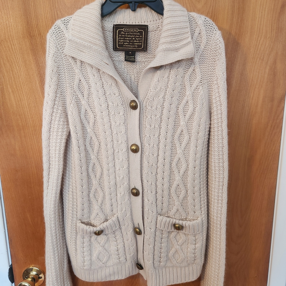 Coach Women's Beige Cashmere Cable Knit Cardigan